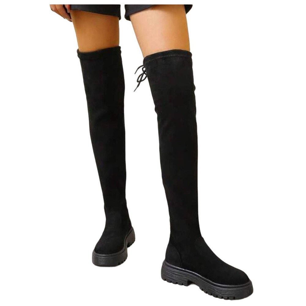Black Over The Knee Thigh Chunky Platform Fur Lined Winter Boots Size 7